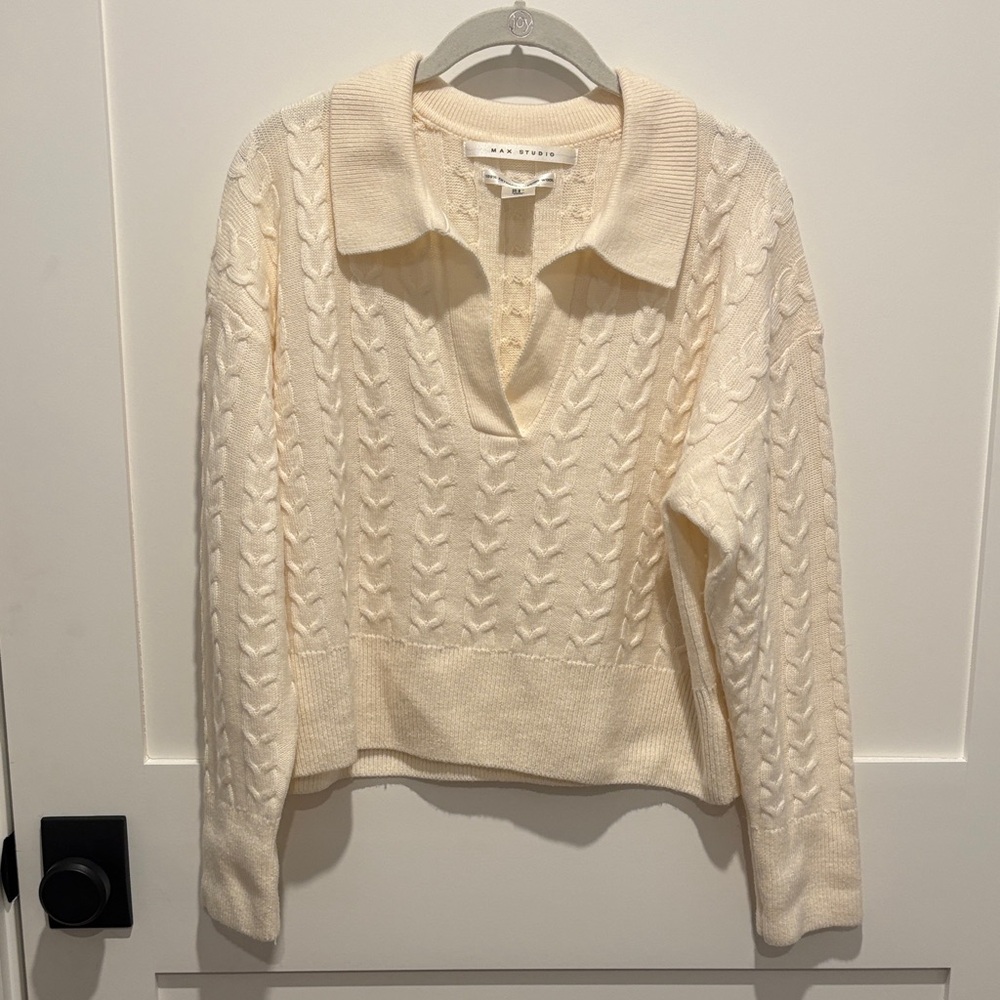 Max Studio Cream V-Neck Cable Knit Sweater